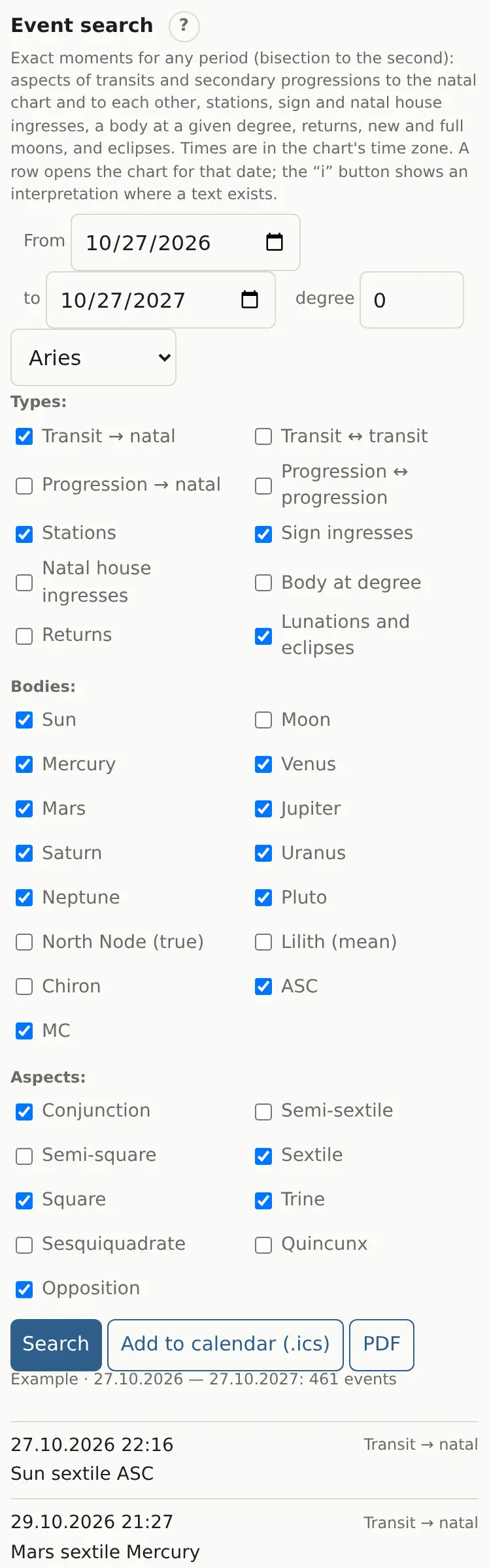 The “Event search” section with results