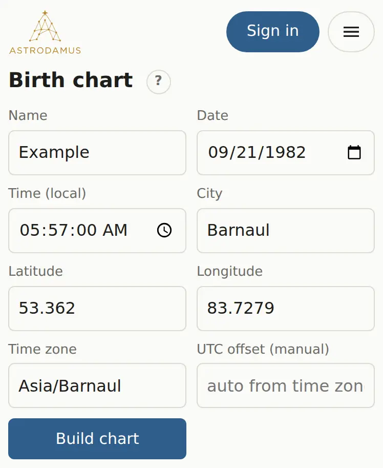 The “Birth chart” form filled in with the sample chart