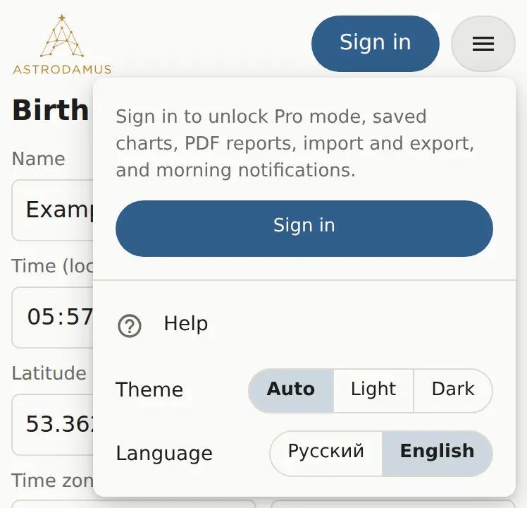 The menu after tapping the three-line button