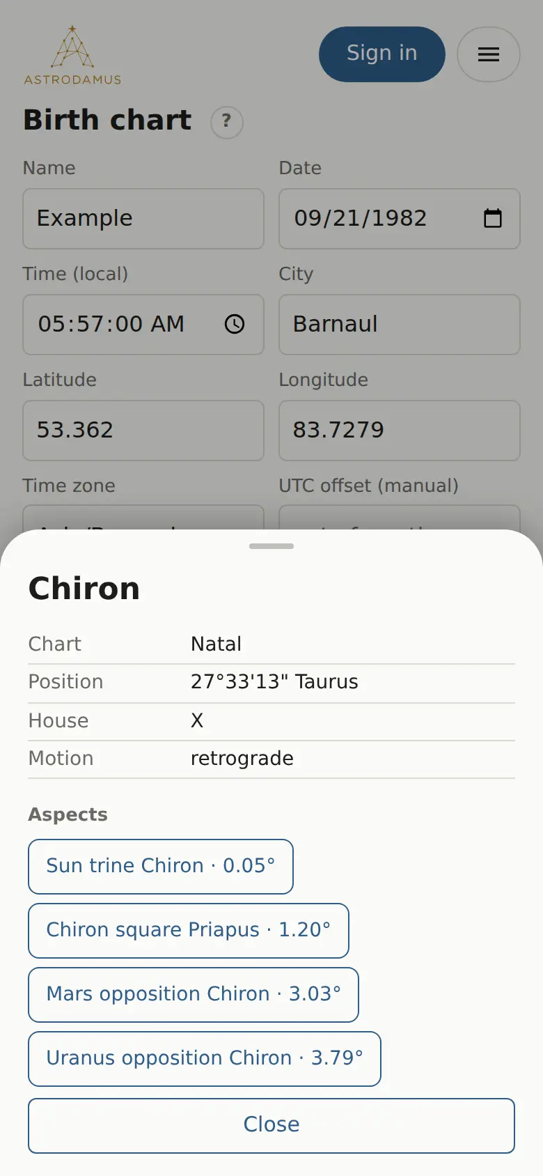 Chiron's card: position, house, motion and aspects